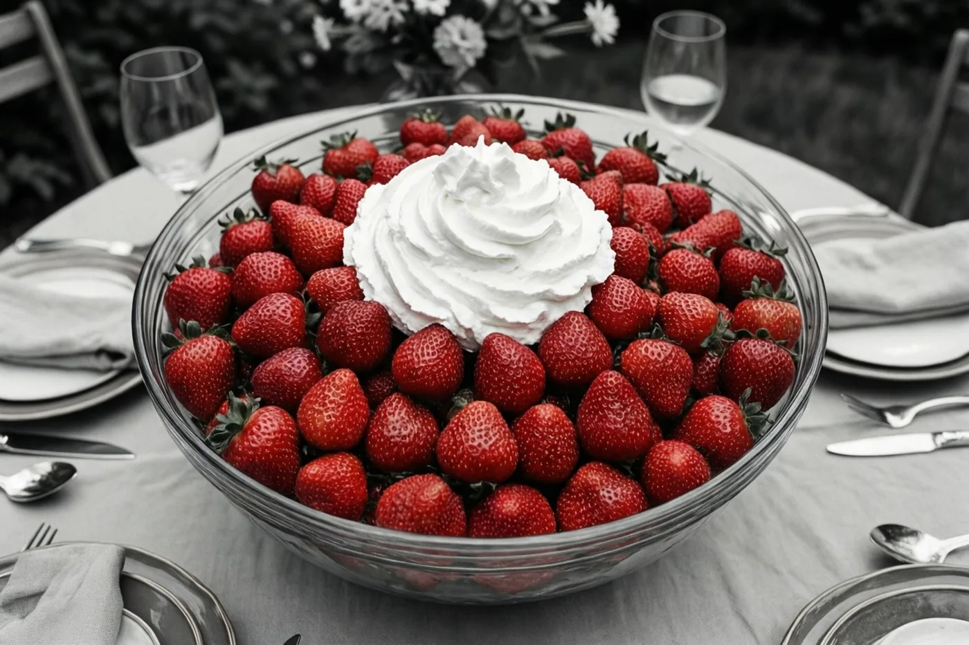 Een glazen kom rode aardbeien met een toef witte slagroom staat op een tuintafel, terwijl het tafelgerei en de bladeren eromheen in zwart-wit zijn weergegeven.