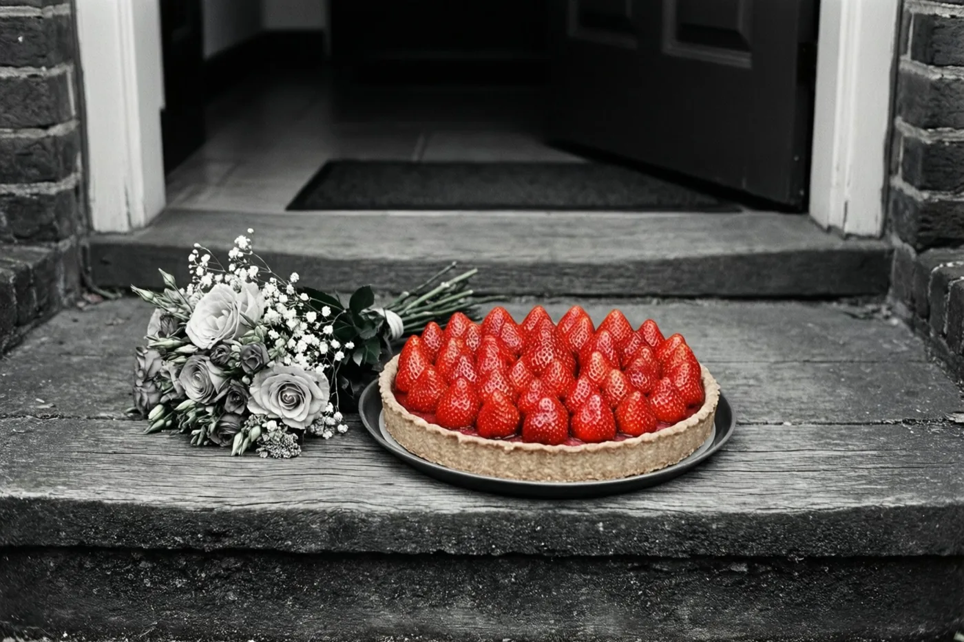 Een aardbeientaart en een klein boeket staan op een stenen drempel in een grotendeels zwart-witbeeld waarin de rode aardbeien opvallen.