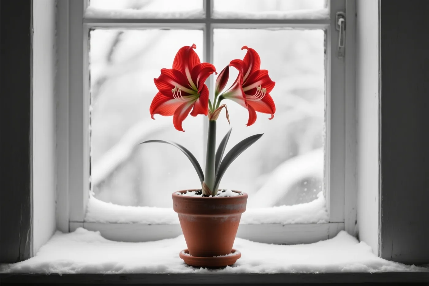 Een bloeiende rode amaryllis in een terracotta pot staat op een besneeuwde vensterbank, met sneeuw op het raamkozijn en een monochroom winterlandschap buiten.