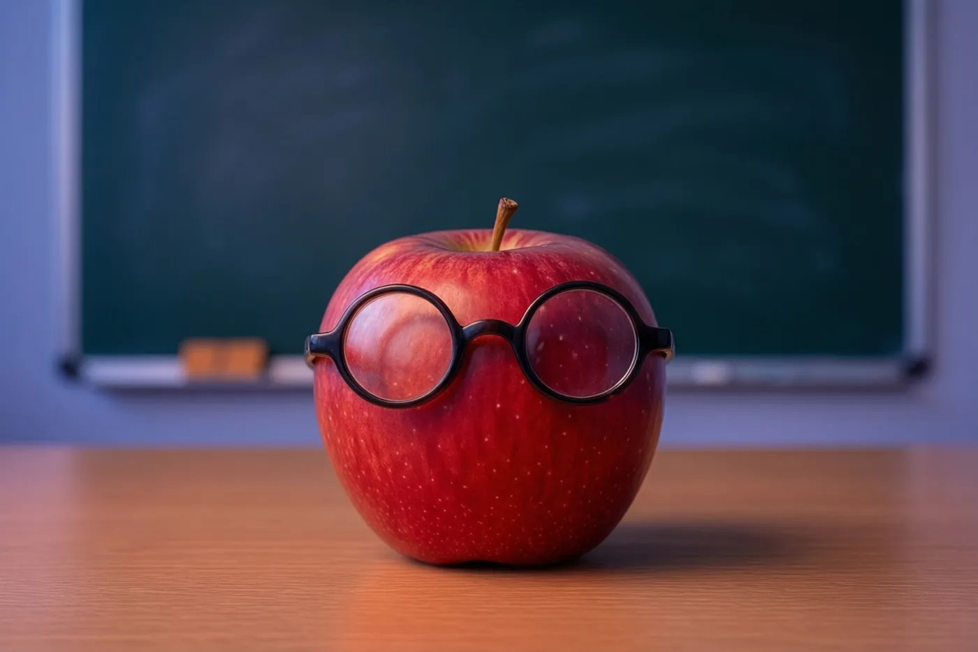 Een rode appel met een ronde leesbril staat op een houten bureau voor een groen schoolbord.