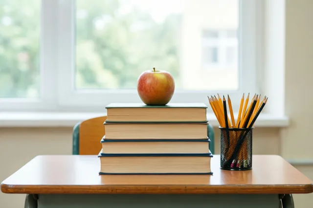 Een rode appel ligt op vier boeken op een houten bureau naast een zwarte metalen gaaspot met potloden, met een klasraam op de achtergrond.