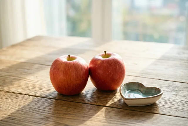 Twee rode appels raken elkaar op een houten tafel naast een hartvormig schaaltje, met zonlicht door een raam op de achtergrond.