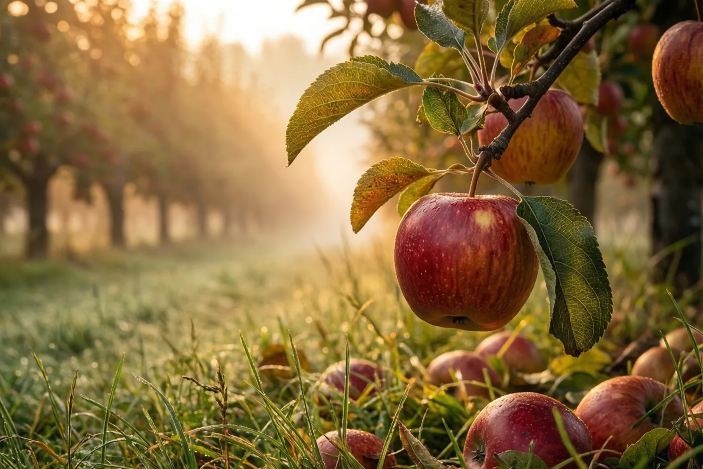 Rode appels hangen van dichtbij aan een tak en liggen op het gras op de voorgrond van een boomgaard in ochtendmist en zacht gouden licht.