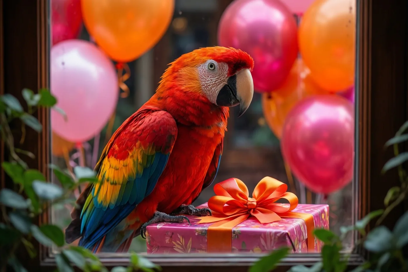 Een felrode ara zit op een roze cadeaudoos met een oranje strik, met groene bladeren rondom en roze en oranje ballonnen zichtbaar door een raam.