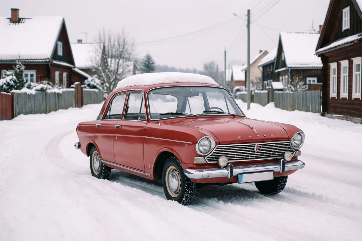 Een ronde rode auto uit de jaren zestig met verchroomde bumpers en sneeuw op het dak staat in een besneeuwde dorpsstraat, tussen huizen en kale bomen onder een bewolkte hemel.