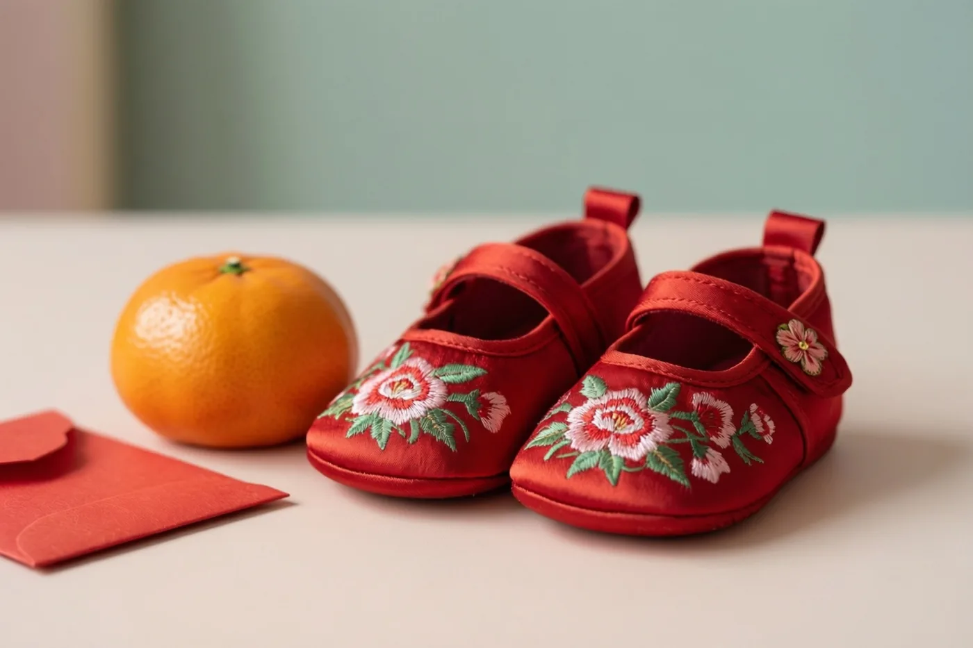 Een paar kleine rode zijden babyschoentjes met geborduurde bloemen staat op een witte ondergrond naast een mandarijn en een rode envelop, tegen een zacht blauwgroene achtergrond.