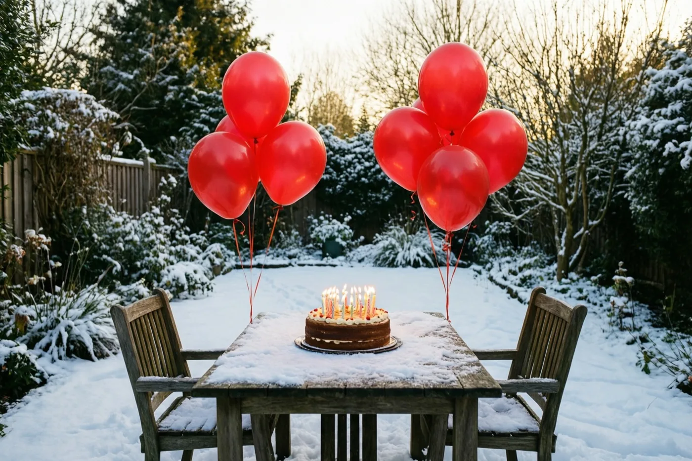 Een taart met brandende kaarsjes staat op een besneeuwde houten tafel tussen twee trossen rode ballonnen, met bomen en struiken in het gouden avondlicht.