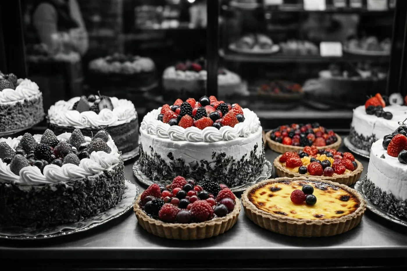 Een bakkerijtoog vol taarten en fruittaartjes is in zwart-wit weergegeven, terwijl de rode bessen hun kleur behouden.