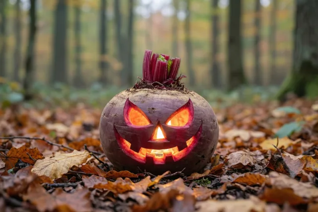 Een rode bietenlantaarn met een verlicht gezicht staat tussen herfstbladeren, met onscherpe bomen op de achtergrond en paarse, oranje en bruine tinten.