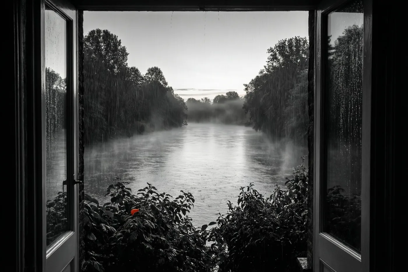 Door een open raam zie je bij zonsopgang een rivier met opstijgende mist en bomen langs de oevers, in een grotendeels monochroom beeld met een rode bloem vooraan.