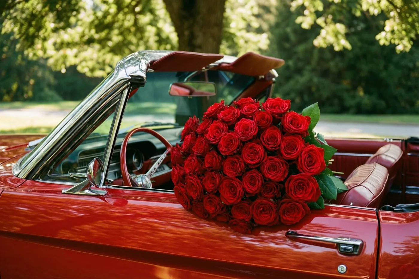 Een oude rode cabriolet staat onder groene bomen in warm zonlicht, met een groot boeket rode rozen op de passagiersstoel.