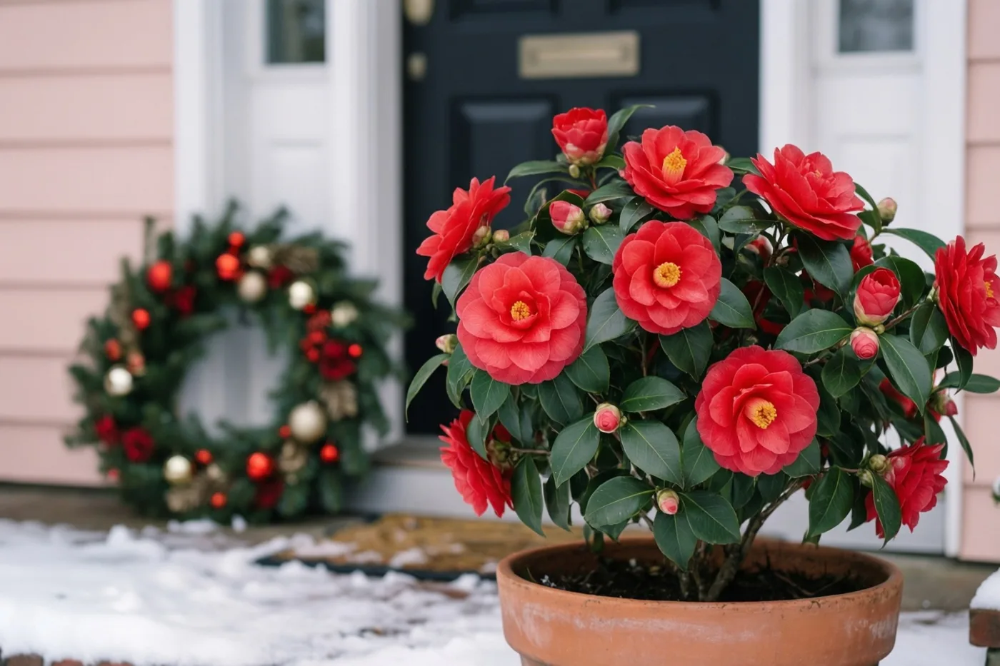 Een pot rode camelia's staat op een besneeuwde stoep bij een donkere voordeur met een versierde kerstkrans in een roze gevel.