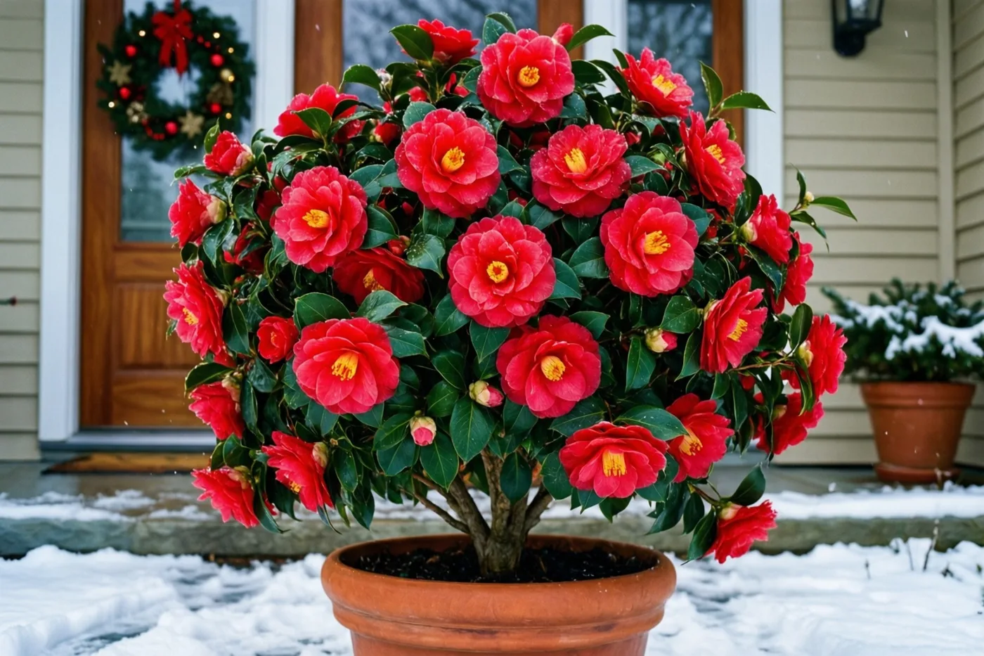 Een rode cameliastruik met gele bloemhartjes staat in een pot op een besneeuwde stoep, met een houten deur en kerstkrans op de achtergrond.