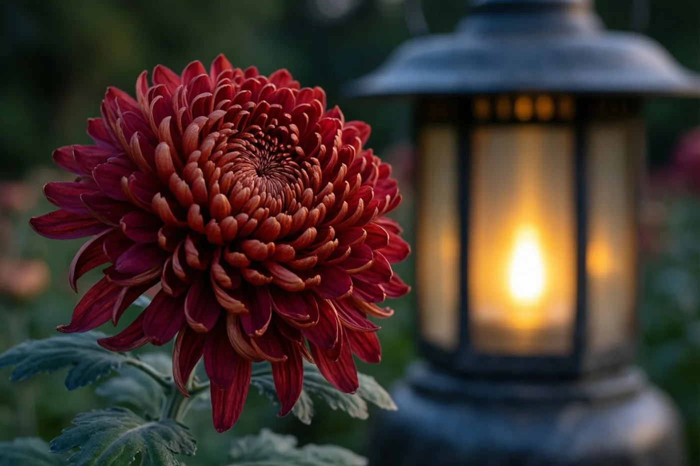 Een dieprode chrysant staat scherp in beeld naast een brandende graflantaarn, met een onscherpe achtergrond in de schemering.