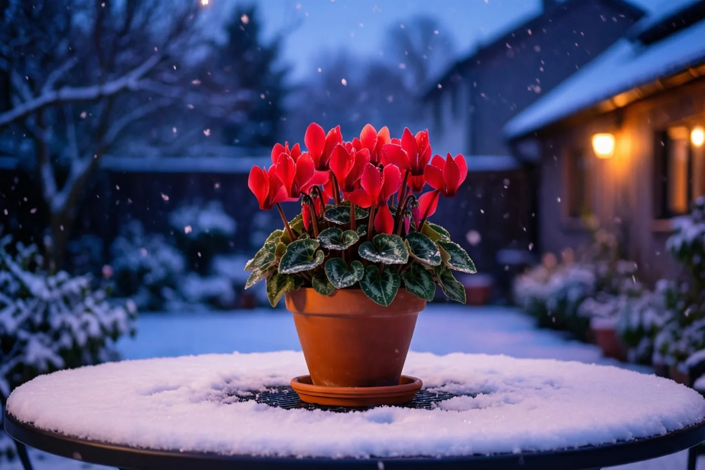 Een terracotta pot met felrode cyclamen staat op een besneeuwde tuintafel bij vallende sneeuw, met een besneeuwd huis en warme verlichting op de achtergrond in de winteravond.
