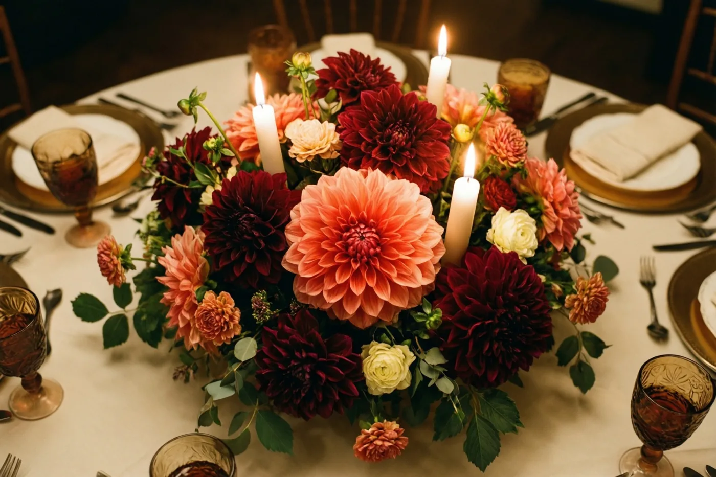 Een tafel met een wit kleed, borden met gouden randen, gevouwen servetten en amberkleurig glaswerk is versierd met dieprode en koraalkleurige dahlia’s, groen en drie brandende witte kaarsen.