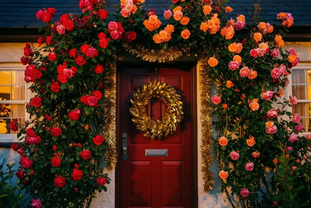 Een rode houten boerderijdeur is versierd met een gouden krans en gouden glinsterslingers langs de zijkanten, tussen rode, roze en oranje klimrozen.