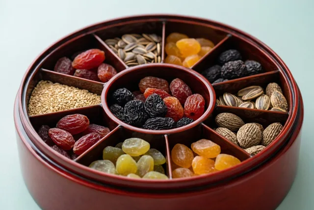 Een ronde roodgelakte doos met verschillende soorten gedroogd fruit en zaden in aparte vakjes staat tegen een lichtblauwe achtergrond.