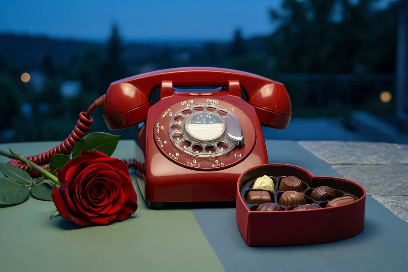 Een rode telefoon met draaischijf staat buiten in de schemering op een tafel naast een rode roos en een open hartvormige doos pralines, tegen een wazige achtergrond.