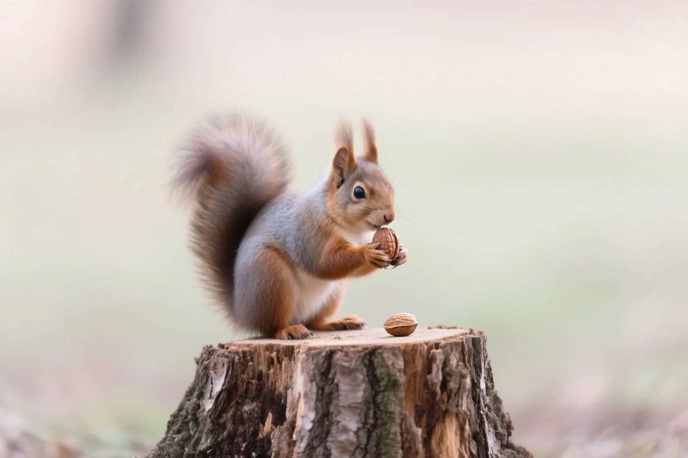 Een rode eekhoorn zit op een boomstronk met een walnoot in zijn pootjes, tegen een zacht vervaagde achtergrond in natuurlijke tinten.