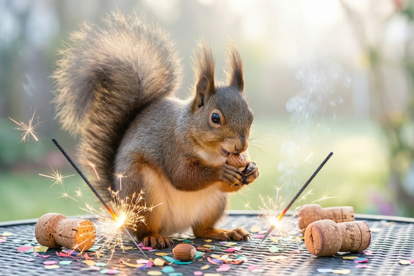 Een rode eekhoorn knabbelt aan een noot op een metalen tuintafel tussen opgebrande sterretjes, champagnekurken en kleurrijke confetti in zacht zonlicht.