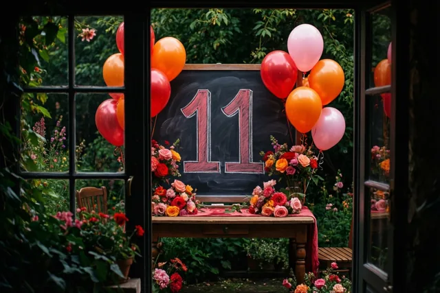 Door een open raam is een houten tuintafel zichtbaar met een krijtbord waarop 11 in rood krijt staat, omringd door bloemen en kleurrijke ballonnen.