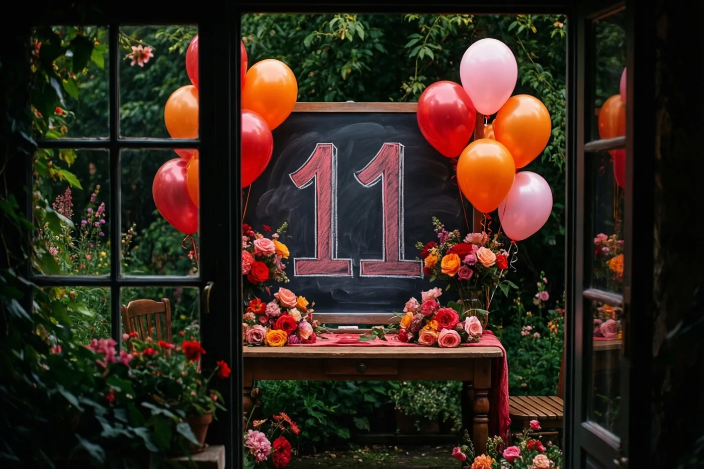 Door een open raam is een houten tuintafel zichtbaar met een krijtbord waarop 11 in rood krijt staat, omringd door bloemen en kleurrijke ballonnen.
