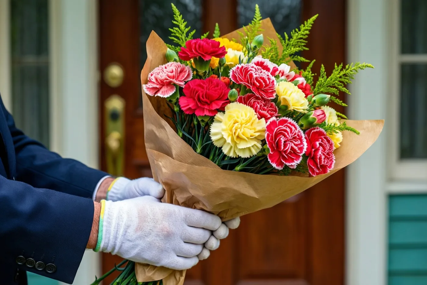 Een persoon met witte katoenen handschoenen houdt een boeket rode en gele anjers in bruin papier bij een houten voordeur.