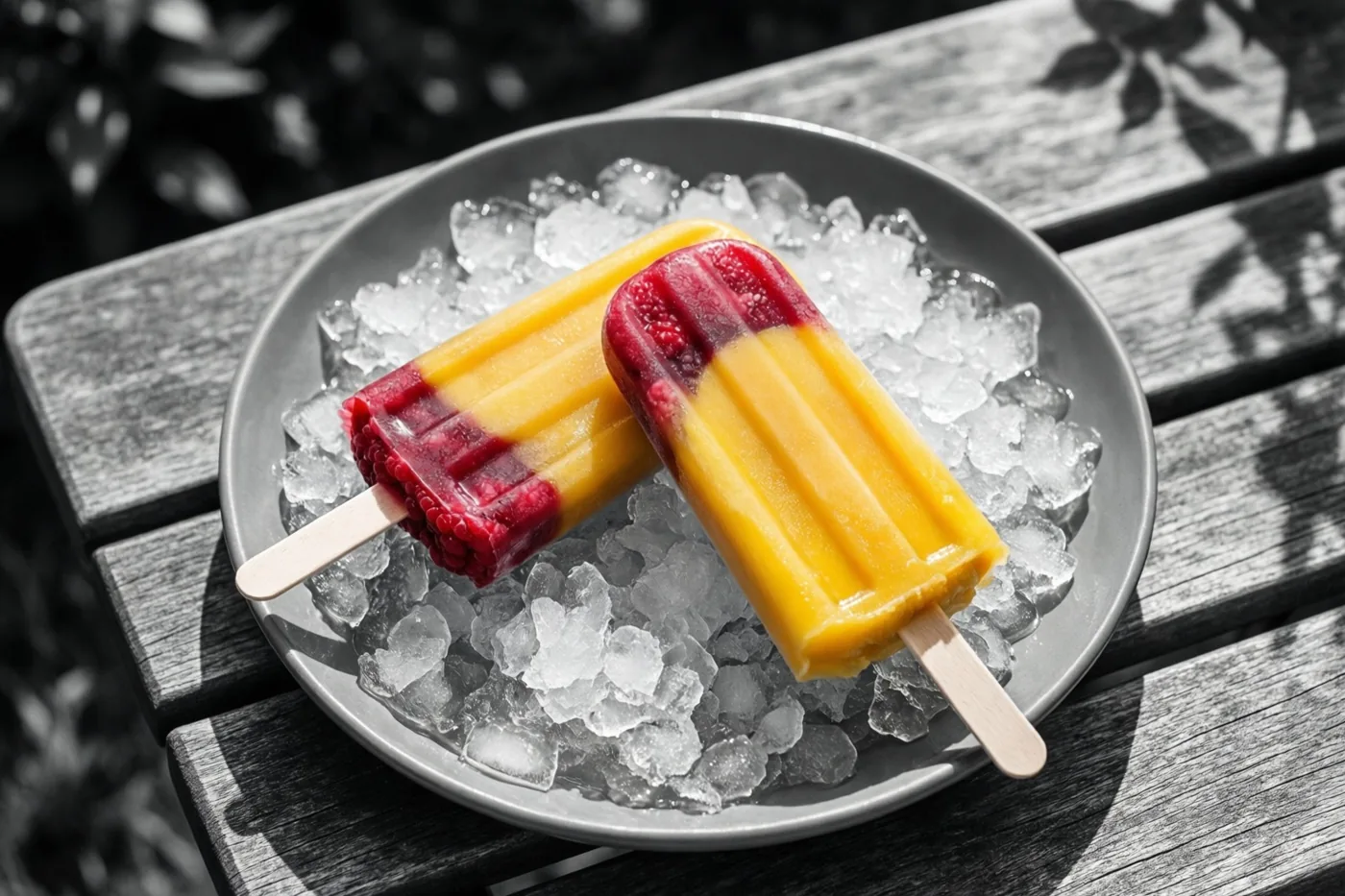 Twee rode en gele ijsjes met framboos en mango liggen op gemalen ijs op een houten tuintafel, tegen een monochrome achtergrond.
