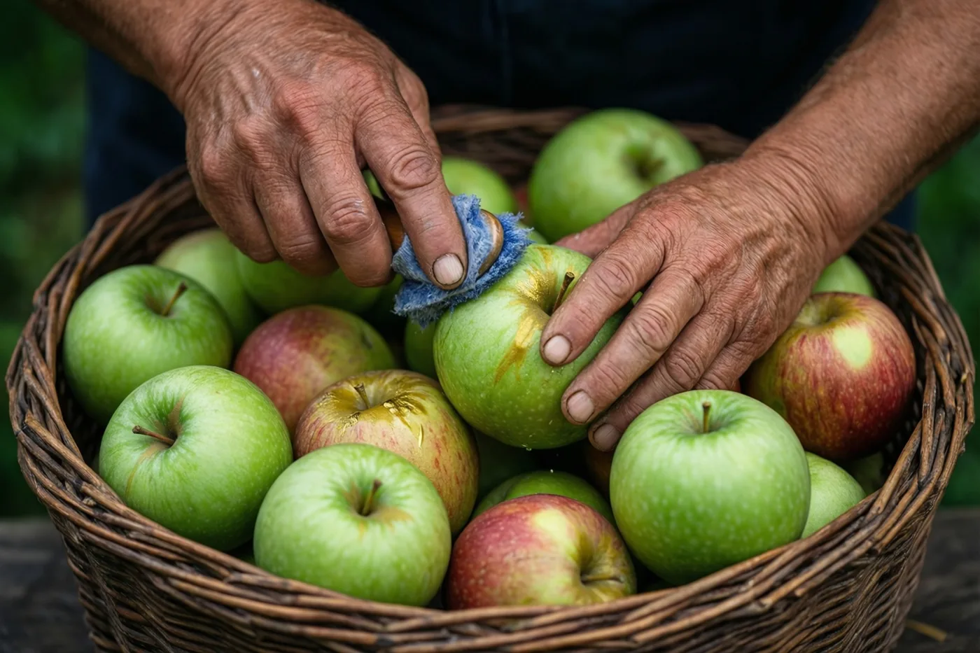 Gerimpelde handen poetsen groene en rode appels in een gevlochten mand buiten in natuurlijk licht.
