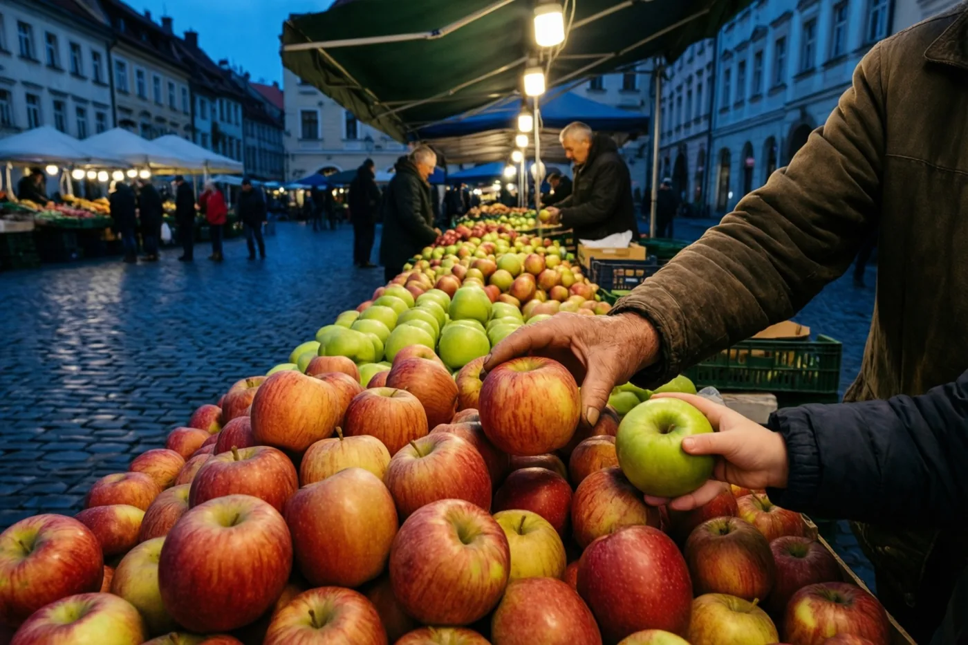 Een oude en een kleine hand kiezen samen appels aan een marktkraam op een kasseiplein bij schemering, met rode en groene appels onder warme kraamlampen.