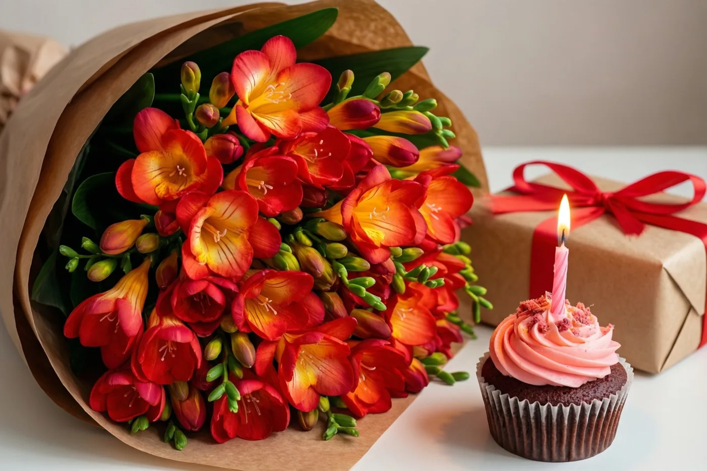 Rode en oranje freesia's in bruin papier liggen op een wit oppervlak naast een chocoladecupcake met roze glazuur en een brandend kaarsje en een bruine geschenkdoos met een rood lint.