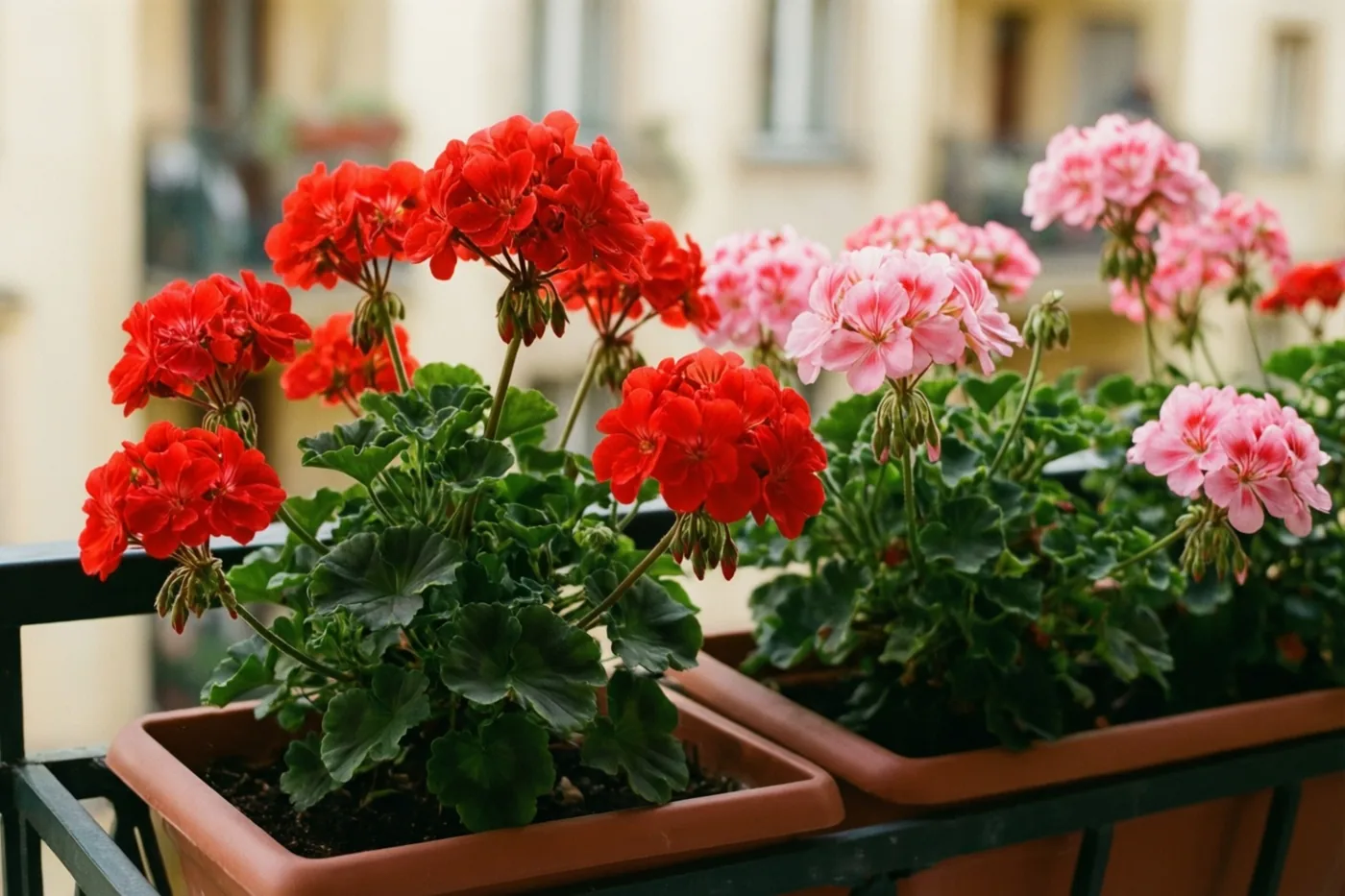 Twee geraniums in potten met rode en roze bloemen staan naast elkaar op een balkonreling, met een onscherp gebouw op de achtergrond.