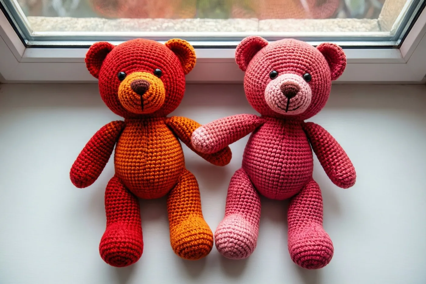 Twee gehaakte beertjes in rood en roze, met oranje en lichtroze accenten, zitten op een witte vensterbank en houden elkaars poot vast.
