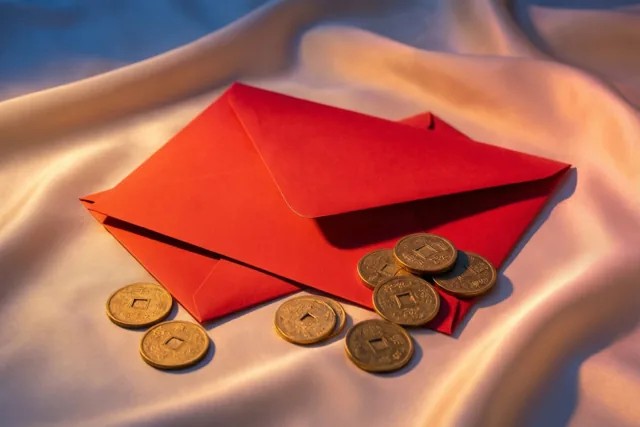 Twee effen rode enveloppen en gouden munten liggen op gedrapeerde crèmekleurige zijde in zacht, warm licht.