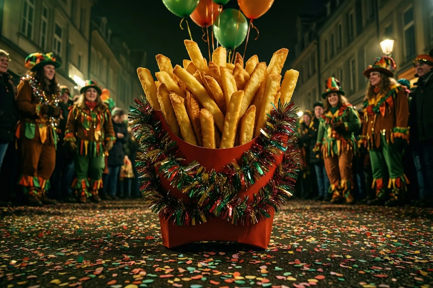 Een grote rode frietbak vol goudgele frieten met kleurrijke glitterslingers en ballonnen staat op een straat vol confetti, met verklede feestvierders onder straatlampen op de achtergrond.
