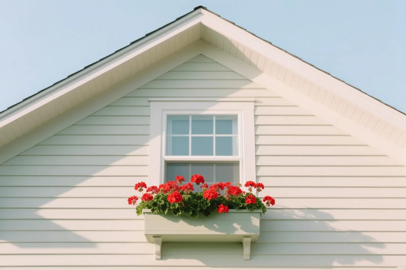 Een bloembak met rode geraniums staat onder een raam met een wit kozijn aan een lichtgekleurd trapgevelhuis onder een helderblauwe lucht.