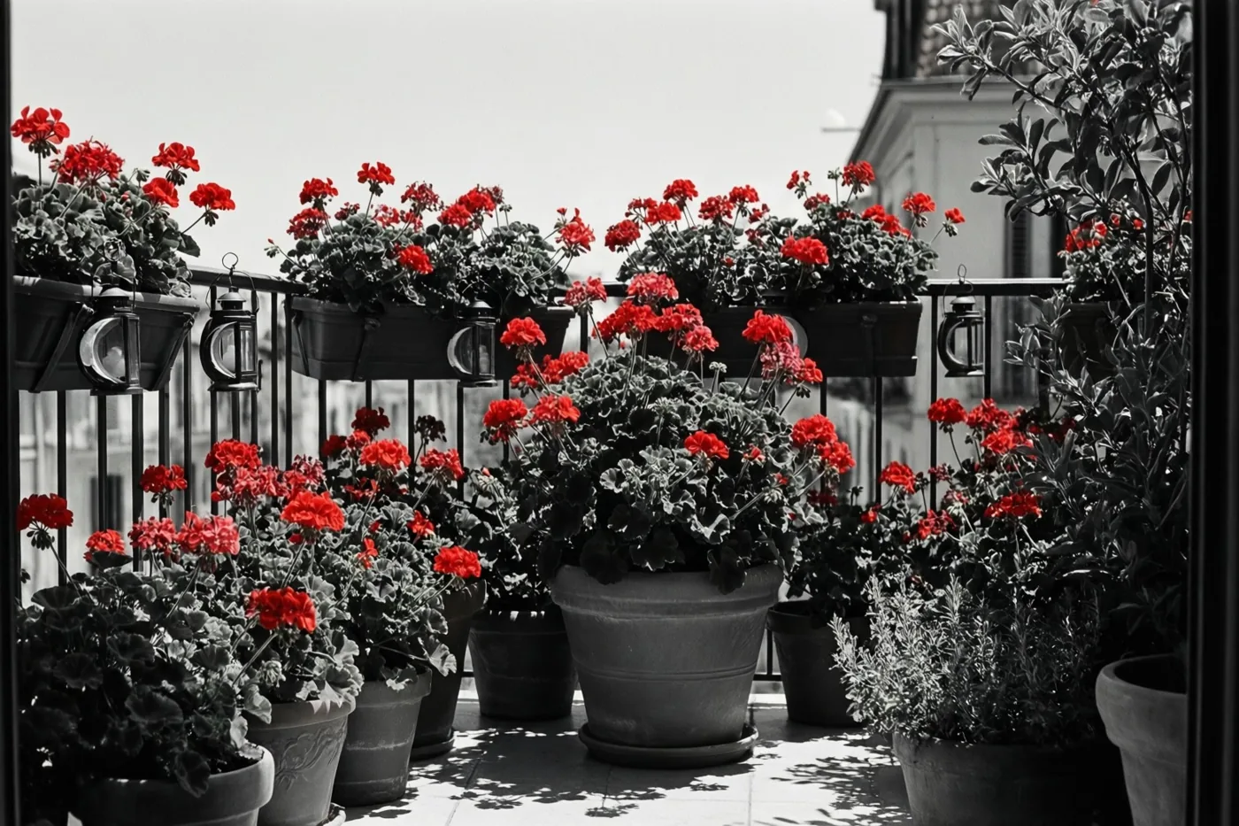 Een zonnig balkon met geraniums en hangende maanlantaarns is in zwart-wit weergegeven, terwijl alleen de bloemen rood gekleurd zijn.