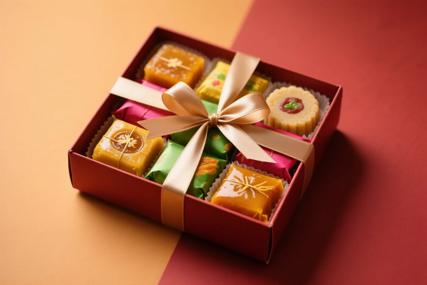 Een rode geschenkdoos met kleurrijke Indiase zoetigheden en een gouden lint staat tegen een oranje-rode achtergrond.