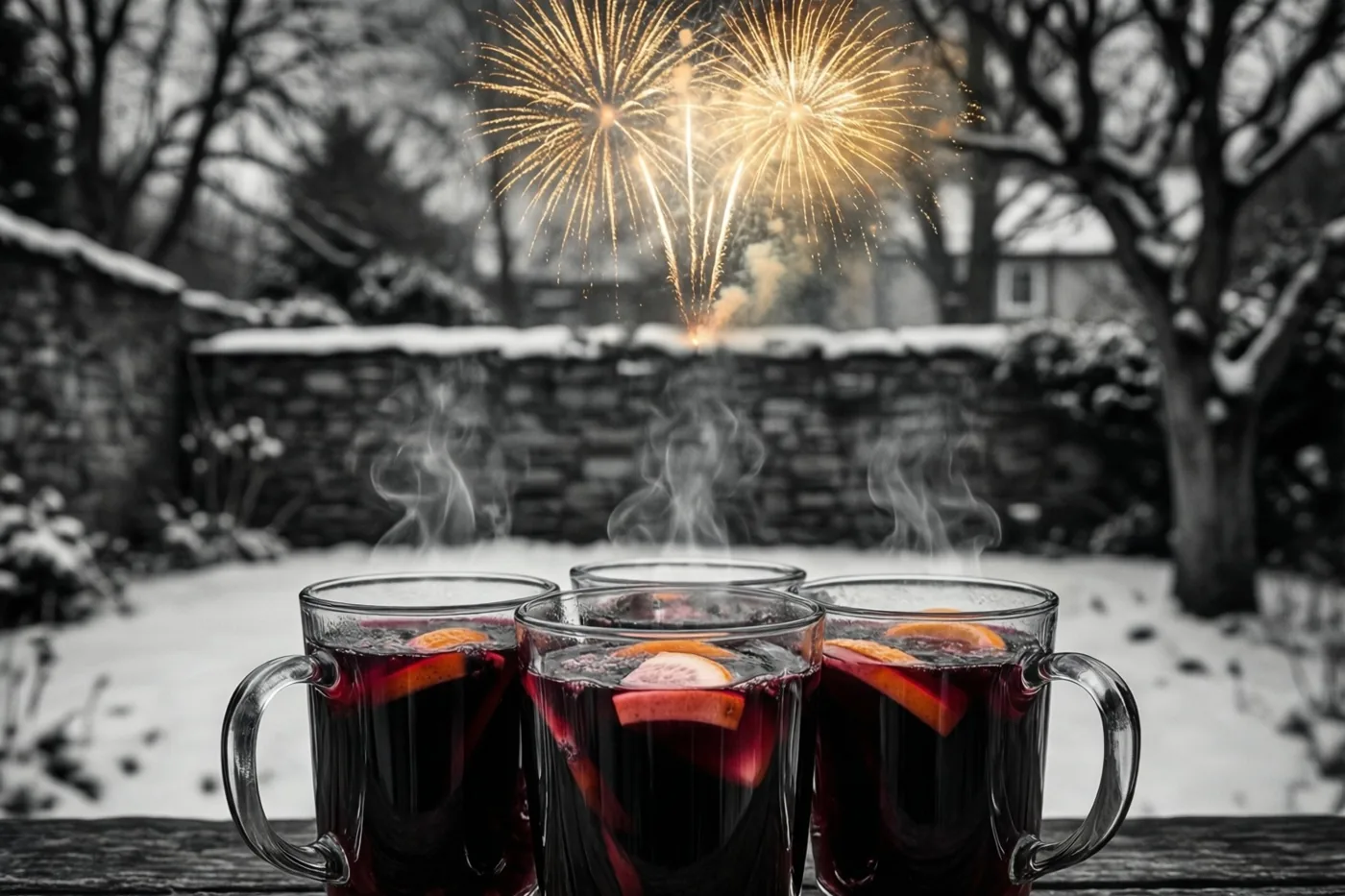 Drie mokken rode glühwein staan op een besneeuwd tuinmuurtje met goudkleurig vuurwerk boven kale bomen, tegen een verder zwart-witte winterachtergrond.