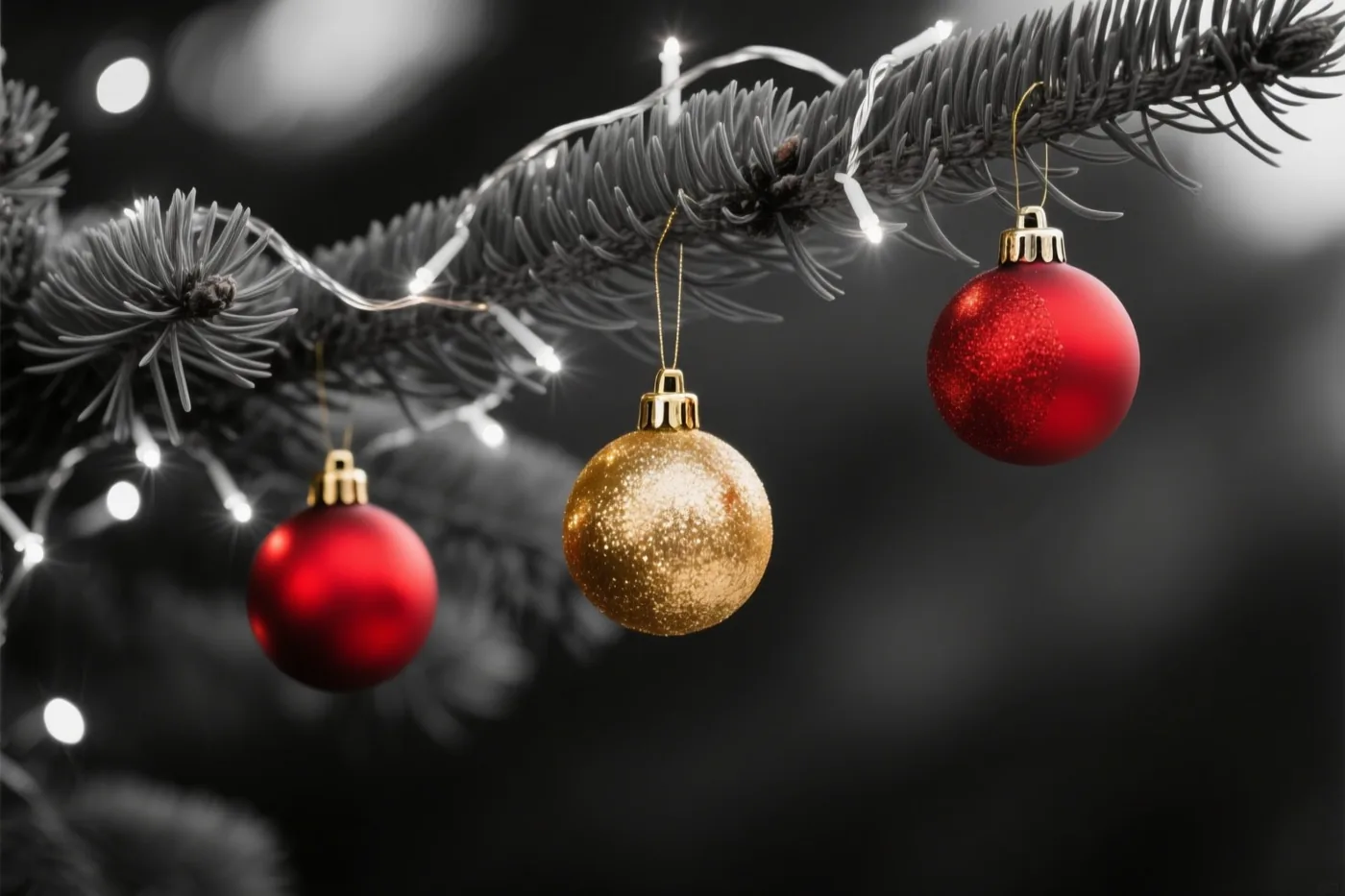 Rode en gouden kerstballen hangen aan een dennentak met lichtjes, waarbij de naalden monochroom zijn weergegeven tegen een donkere, onscherpe achtergrond.