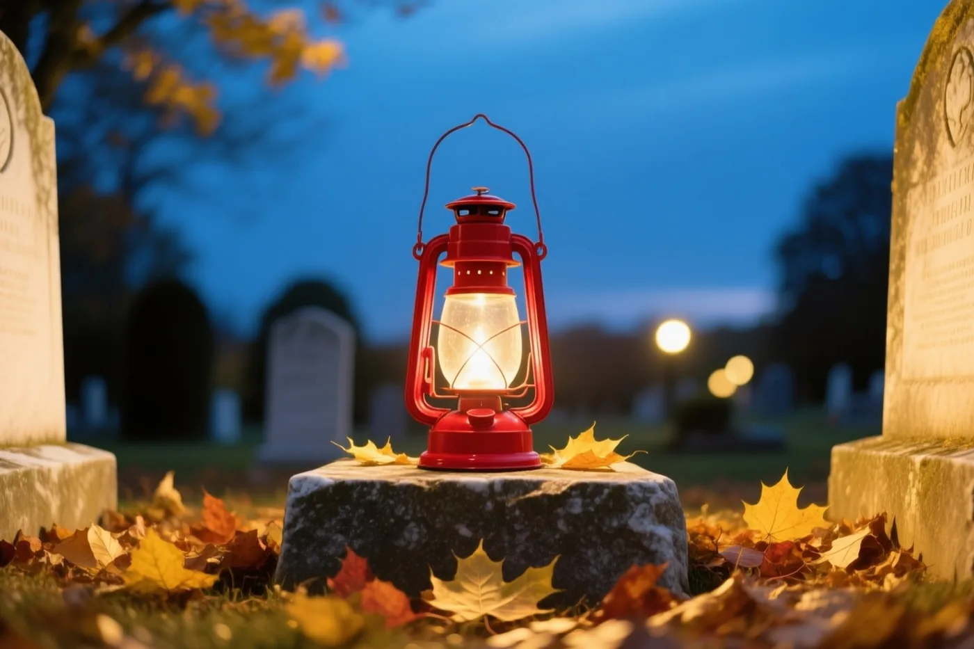 Een rode lantaarn met een brandend licht staat op een stenen graf tussen herfstbladeren, met onscherpe grafstenen onder een blauwe schemerlucht.