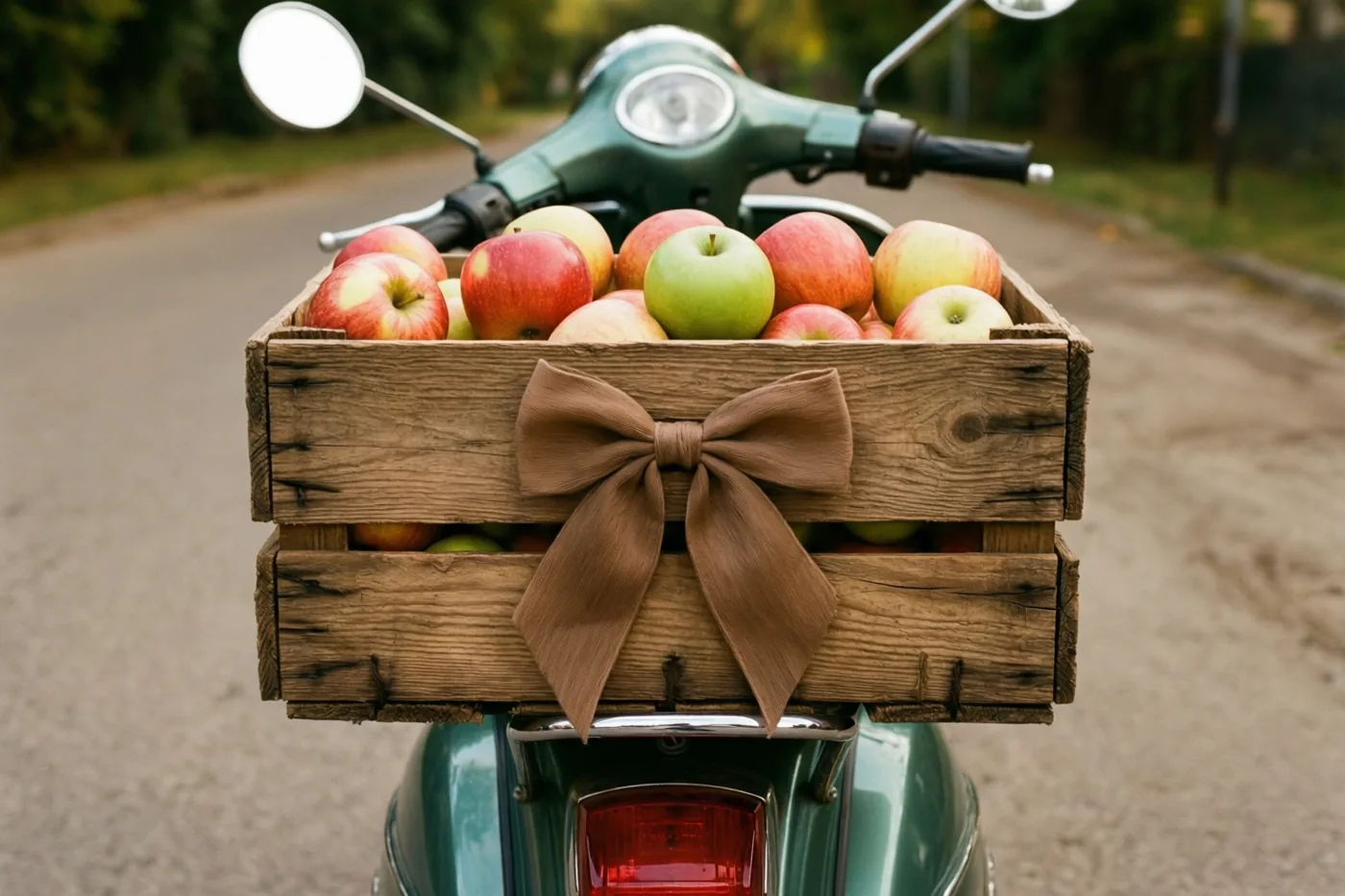 Een houten krat vol rode en groene appels met een bruine strik staat achter op een groene vintage scooter op een verharde weg, met onscherp groen erachter.