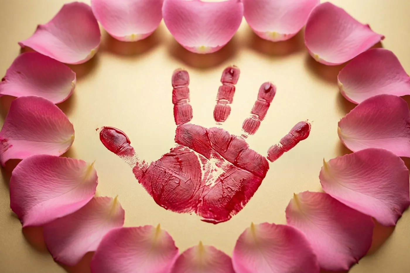 Een rode kinderhandafdruk staat op een goudkleurig oppervlak binnen een hart van roze rozenblaadjes.