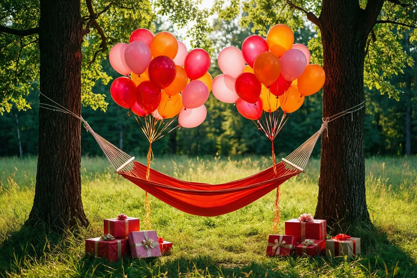 Een rode hangmat hangt tussen twee bomen in een zonnige grasweide met roze, rode en oranje ballonnen en cadeaus in rood en roze papier met strikken op het gras eronder.