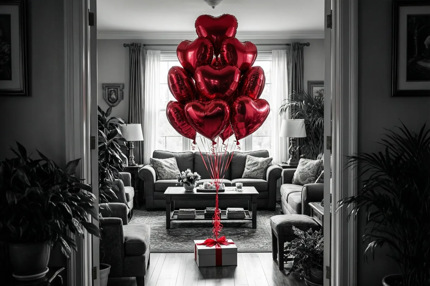 Glanzende rode hartballonnen zijn met een rood lint vastgemaakt aan een witte geschenkdoos in een verder monochrome woonkamer met meubels, planten en ramen.