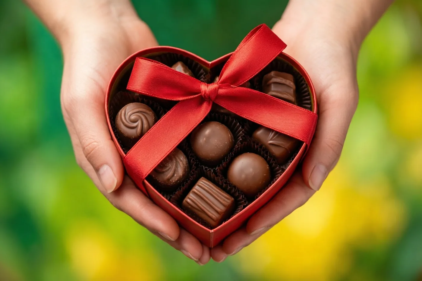 Twee handen houden een open rode hartvormige doos met verschillende pralines en een rode strik vast tegen een onscherpe groen-gele achtergrond.