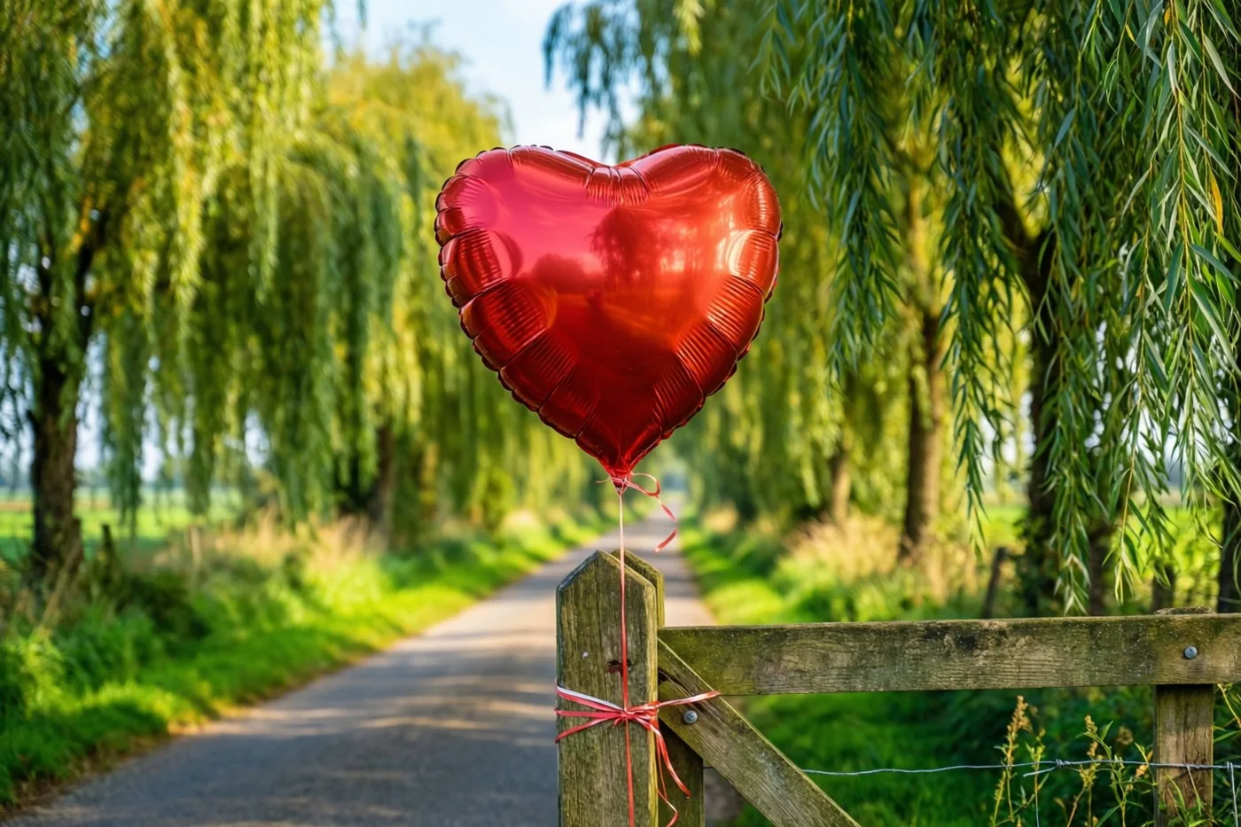 Een glanzende rode hartvormige ballon hangt aan een houten weidepoort bij het begin van een polderweg met knotwilgen, in fel zonlicht met weelderig groen en een helderblauwe hemel.