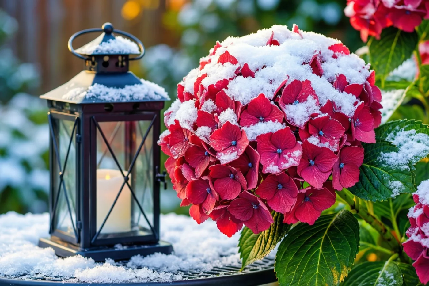 Een rode hortensiabloem met sneeuw ligt naast een zwarte lantaarn met een brandende kaars op een besneeuwde tuintafel, met groene bladeren en een zacht onscherpe achtergrond.