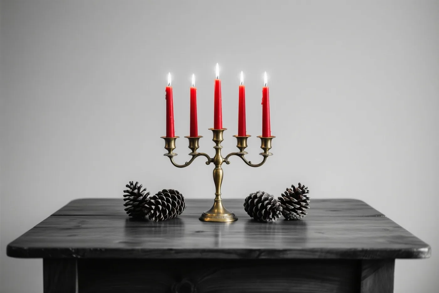 Een messing kandelaar met vijf brandende rode kaarsen staat op een donkere houten tafel met dennenappels, tegen een effen grijze achtergrond.